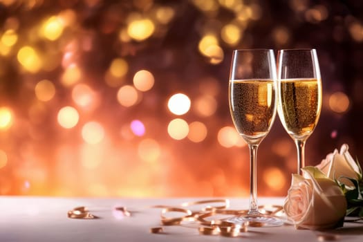 valentine day celebration with champagne, bokeh background. Generative AI.