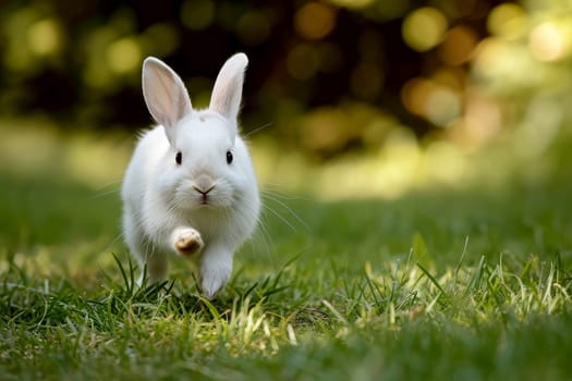 a rabbit running in a field of green grass. generative ai.