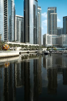 8th january 2024, Dubai, UAE. Dubai creek harbour skyline with embankment promenade, hotels, shops and residences captured in the evening time at the Dubai creek harbour, Ras al khor, Dubai, UAE