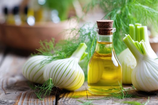 fennel oil in a glass bottle on a table.generative AI.