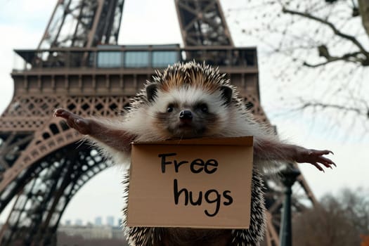 a hedgehog with Free hugs banner amused , generative ai.