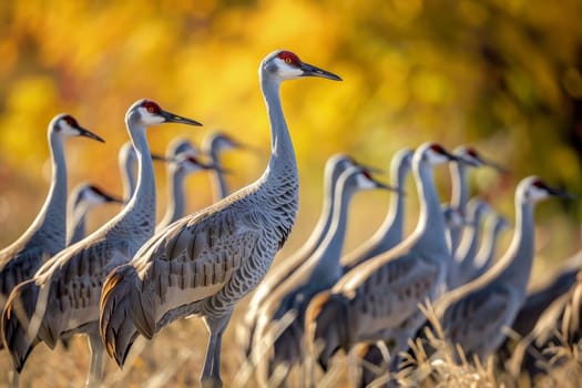 A flock of Sandhill Cranes during their fall migration. AI generative.
