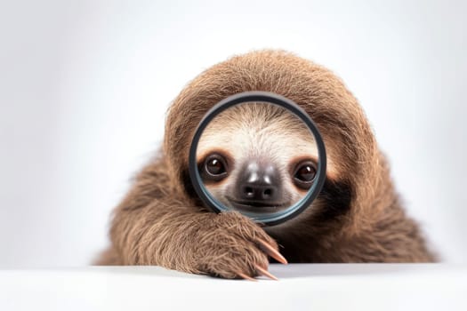 A sloth hold with a magnifying glass on white background . AI generated.