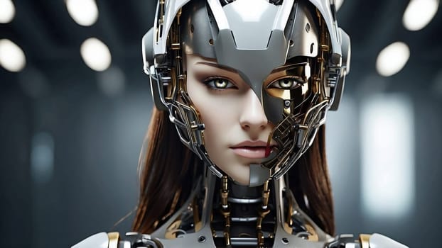 Stylish handsome cyborg head in profile, futuristic woman. Portrait of a futuristic biorobot. A technologically advanced woman from the future. The concept of artificial intelligence in the future