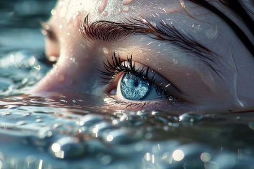 AI generated illustration of a woman's eye above the surface of water.