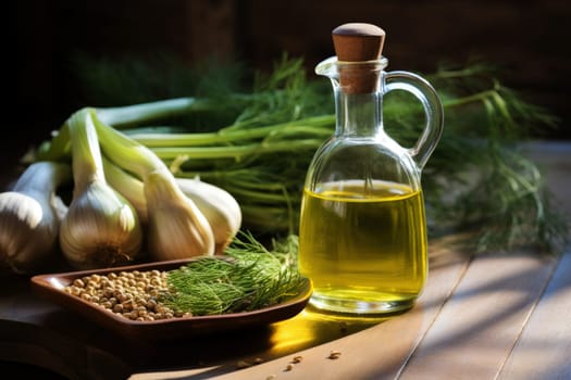 fennel oil in a glass bottle on a table.generative AI.