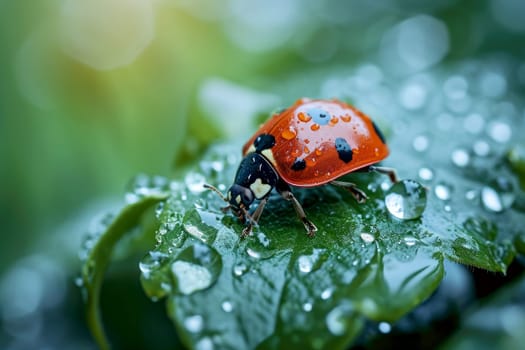 red ladybug on a green leaf. Generative AI.