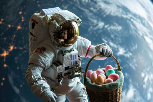 A space astronaut hold Easter eggs in basket. earth planet background. Generative ai.