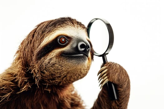 A sloth hold with a magnifying glass on white background . AI generated.