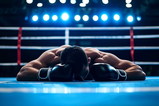 a boxer man falls knocked out TKO. defeat in battle. ai generative.