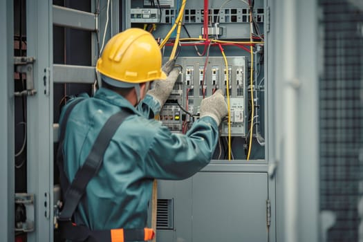 electrical engineer checks the voltage of the electrical at the terminal in the main distribution board . AI generative.