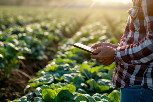 a farmer standing in field with table. Generative AI..