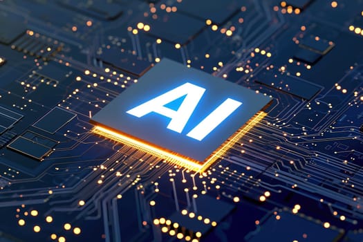 AI text on CPU Circuit board, Artificial Intelligence concept. AI generative.