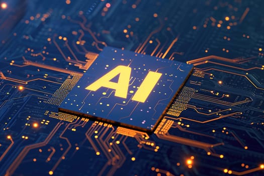 AI text on CPU Circuit board, Artificial Intelligence concept. AI generative.