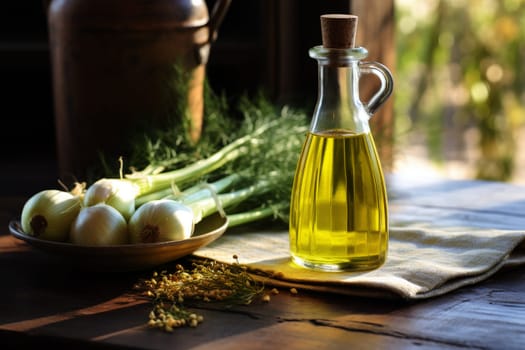 fennel oil in a glass bottle on a table.generative AI.