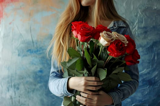 a woman holding a bouquet of roses.ai generative.