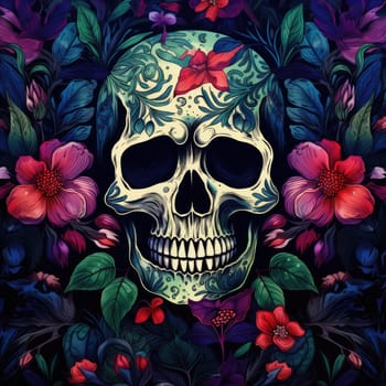 The eternal cycle of life and death. A skull surrounded by flowers as a symbol of the continuous cycle of birth, death and rebirth. Template for print, sticker, poster, etc.