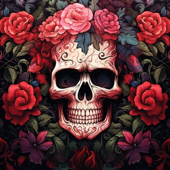 The eternal cycle of life and death. A skull surrounded by flowers as a symbol of the continuous cycle of birth, death and rebirth. Template for print, sticker, poster, etc.