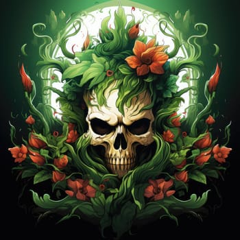 The eternal cycle of life and death. A skull surrounded by flowers as a symbol of the continuous cycle of birth, death and rebirth. Template for print, sticker, poster, etc.