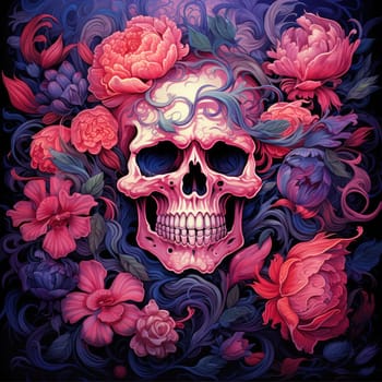 The eternal cycle of life and death. A skull surrounded by flowers as a symbol of the continuous cycle of birth, death and rebirth. Template for print, sticker, poster, etc.