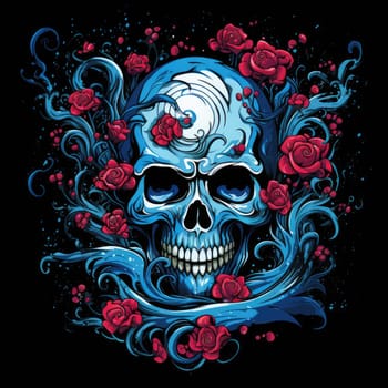 The eternal cycle of life and death. A skull surrounded by flowers as a symbol of the continuous cycle of birth, death and rebirth. Template for print, sticker, poster, etc.