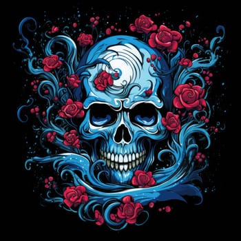 The eternal cycle of life and death. A skull surrounded by flowers as a symbol of the continuous cycle of birth, death and rebirth. Template for print, sticker, poster, etc.