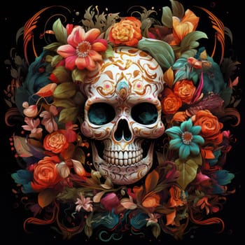 The eternal cycle of life and death. A skull surrounded by flowers as a symbol of the continuous cycle of birth, death and rebirth. Template for print, sticker, poster, etc.