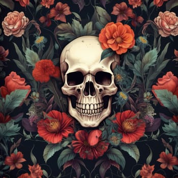 The eternal cycle of life and death. A skull surrounded by flowers as a symbol of the continuous cycle of birth, death and rebirth. Template for print, sticker, poster, etc.