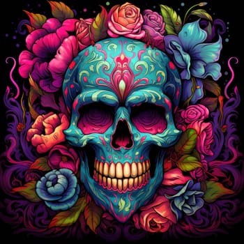 The eternal cycle of life and death. A skull surrounded by flowers as a symbol of the continuous cycle of birth, death and rebirth. Template for print, sticker, poster, etc.