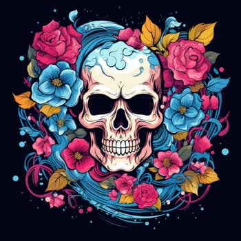 The eternal cycle of life and death. A skull surrounded by flowers as a symbol of the continuous cycle of birth, death and rebirth. Template for print, sticker, poster, etc.