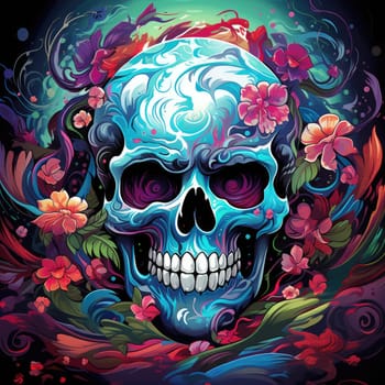 The eternal cycle of life and death. A skull surrounded by flowers as a symbol of the continuous cycle of birth, death and rebirth. Template for print, sticker, poster, etc.