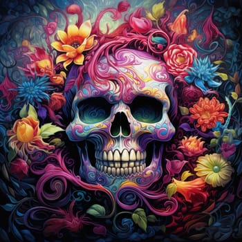 The eternal cycle of life and death. A skull surrounded by flowers as a symbol of the continuous cycle of birth, death and rebirth. Template for print, sticker, poster, etc.