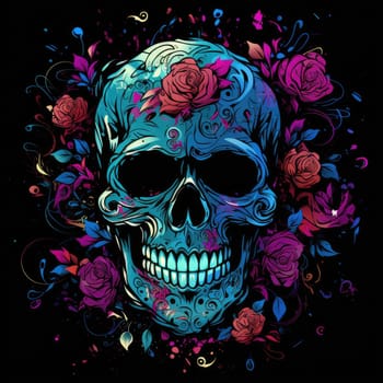 The eternal cycle of life and death. A skull surrounded by flowers as a symbol of the continuous cycle of birth, death and rebirth. Template for print, sticker, poster, etc.