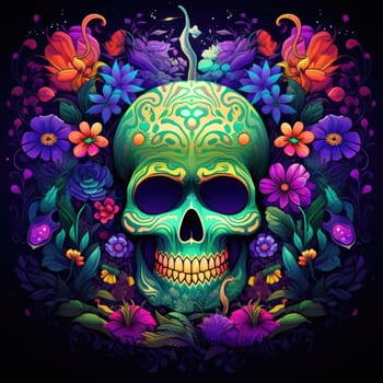 The eternal cycle of life and death. A skull surrounded by flowers as a symbol of the continuous cycle of birth, death and rebirth. Template for print, sticker, poster, etc.