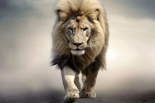 close up Large lion walking towards forest camera. generative AI.