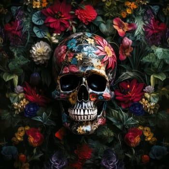 The eternal cycle of life and death. A skull surrounded by flowers as a symbol of the continuous cycle of birth, death and rebirth. Template for print, sticker, poster, etc.