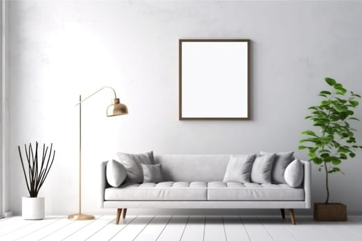 3d rendering of a living room with a couch and a blank white board on the wall Genarative AI.