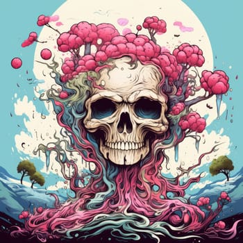 The eternal cycle of life and death. A skull surrounded by flowers as a symbol of the continuous cycle of birth, death and rebirth. Template for print, sticker, poster, etc.