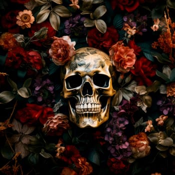 The eternal cycle of life and death. A skull surrounded by flowers as a symbol of the continuous cycle of birth, death and rebirth. Template for print, sticker, poster, etc.