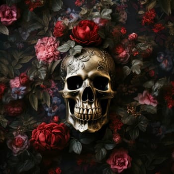 The eternal cycle of life and death. A skull surrounded by flowers as a symbol of the continuous cycle of birth, death and rebirth. Template for print, sticker, poster, etc.