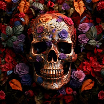 The eternal cycle of life and death. A skull surrounded by flowers as a symbol of the continuous cycle of birth, death and rebirth. Template for print, sticker, poster, etc.