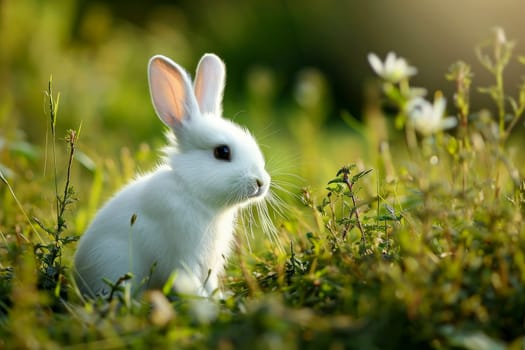 a rabbit running in a field of green grass. generative ai.