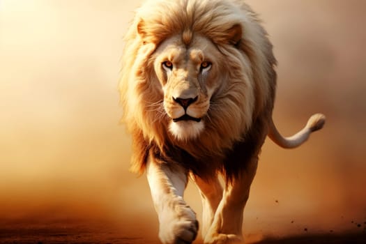 close up Large lion walking towards forest camera. generative AI.