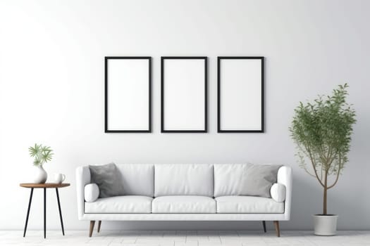 3d rendering of a living room with a couch and a blank white board on the wall Genarative AI.