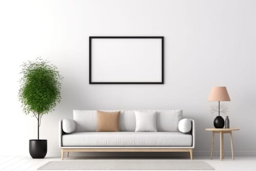 3d rendering of a living room with a couch and a blank white board on the wall Genarative AI.