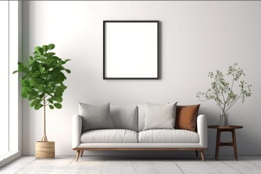 3d rendering of a living room with a couch and a blank white board on the wall Genarative AI.