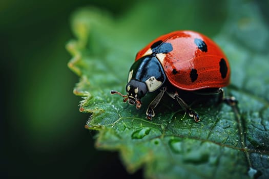 red ladybug on a green leaf. Generative AI.