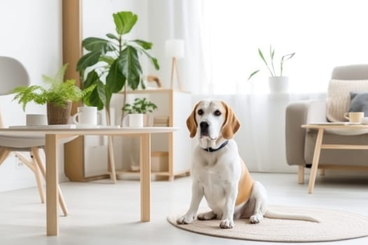 Cheerful young lady happy dog owner in living room Generative AI.