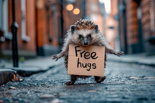 a hedgehog with Free hugs banner amused , generative ai.