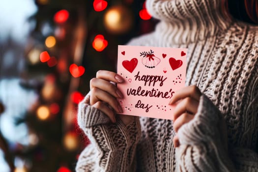 woman hold Happy valentines day greeting card. valentine day concept .generative ai.